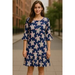 Simply Southern Dress Turtle Print Ruffle Bell Sleeve Casual Navy Size S‎